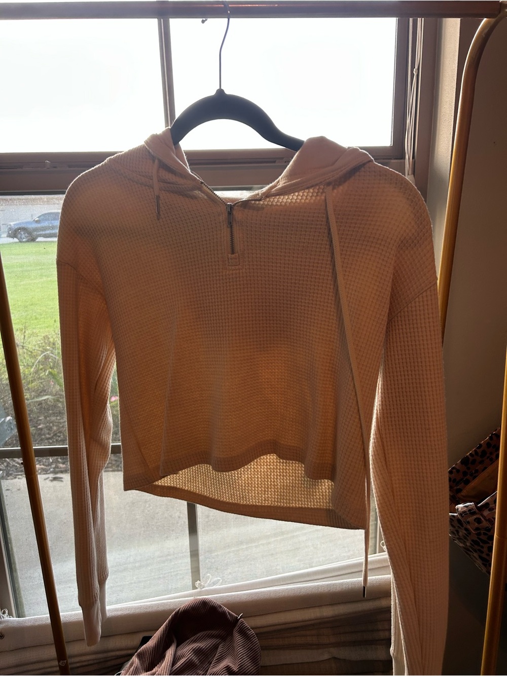 Waffle-Knit Hooded Pullover Top in Cream